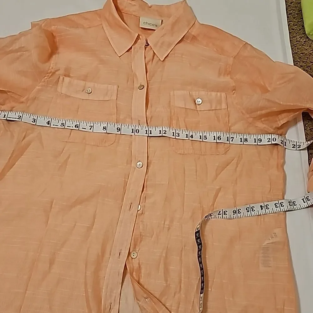 Chicos Womens Orange Blouse Sz 1 Large Roll Tab Sleeve Top Coastal Shirt